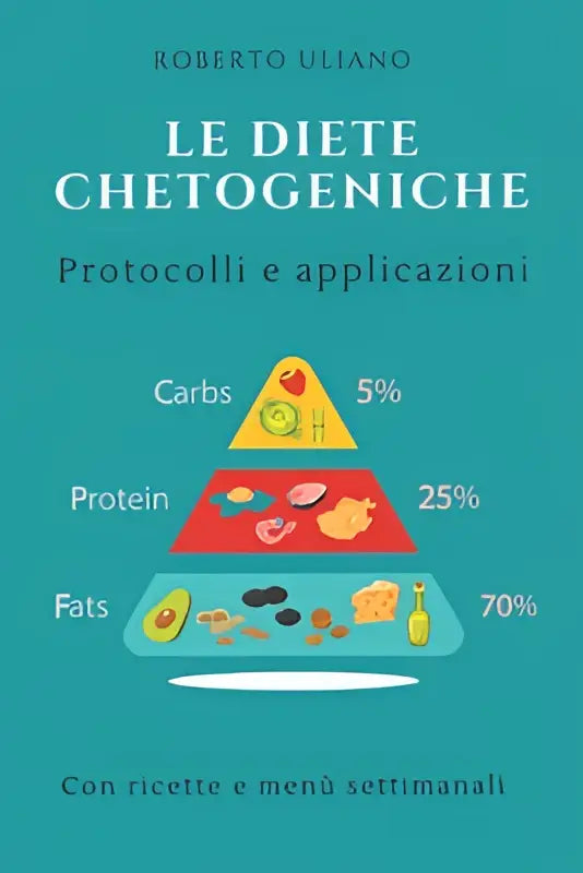 Het boek le diete chetogeniche met een teal achtergrond toont protocolli e applicazioni en ketogene diëten pyramide diagram