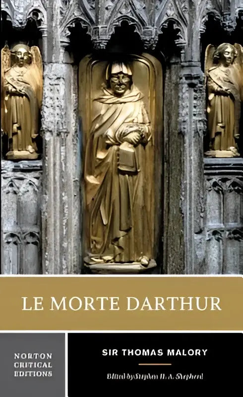 Golden statue of a robed figure with angels in a stone archway on the norton critical edition of le morte darthur
