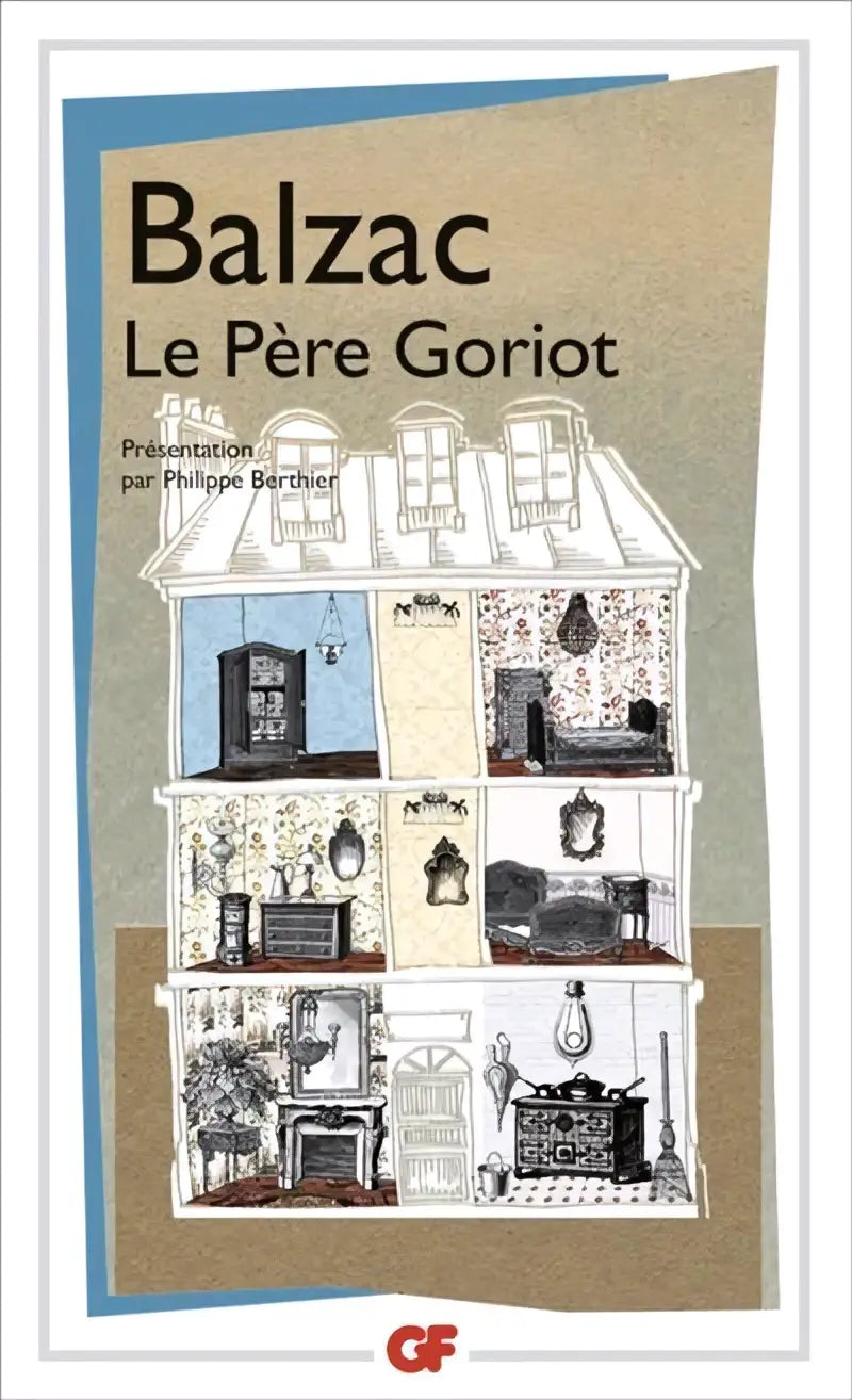 De boekcover van Le père goriot toont een gestileerde zwart-wit lijntekening van een huisinterieur op beige achtergrond