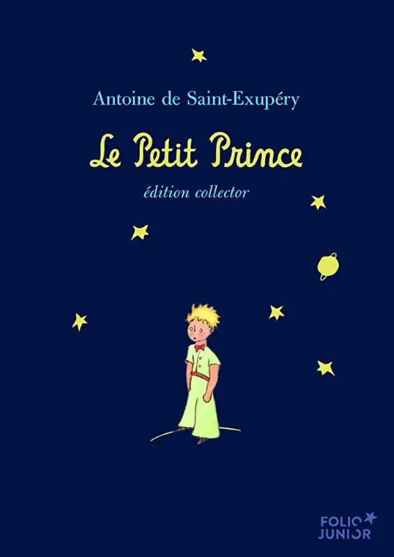Le petit prince Édition collector 80 ans boekcover met de kleine prins in lichtgroene tuniek tegen blauwe nachtelijke sterrenhemel voor jonge lezers