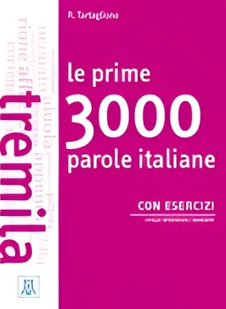 Een levendige magentakleurige boekomslag met witte tekst le prime 3000 parole italiane en een verticale streep