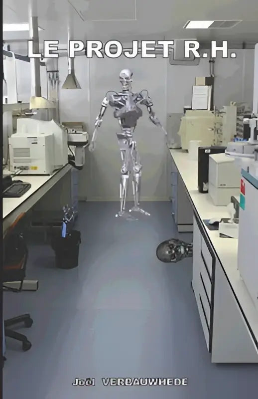 A sleek silver humanoid robot with metallic finish stands in a laboratory in le projet R.H
