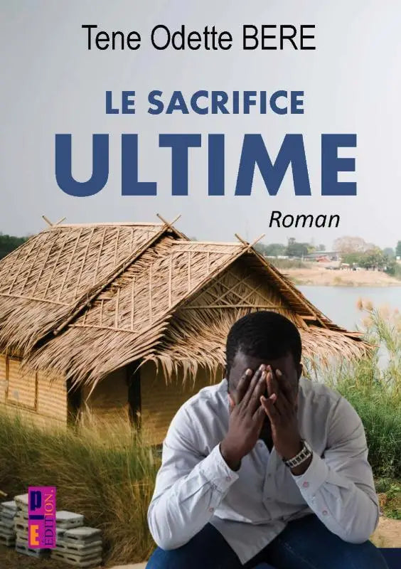 De boekcover van sacrifice ultime toont een man in wit overhemd met handen op zijn gezicht voor een hut met rieten dak