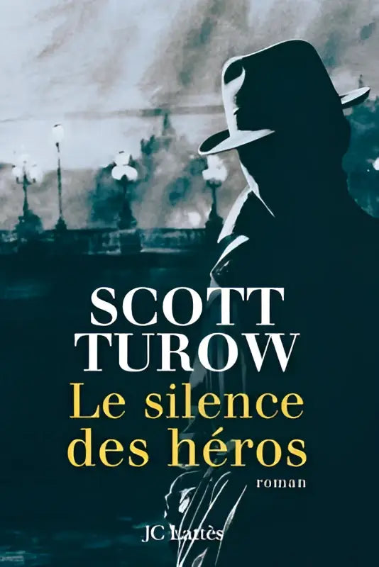 Donkere silhouet van een man met een fedora tegen een sepia stadsachtergrond voor le silence des héros