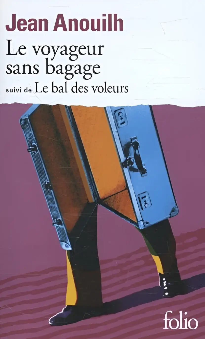 De boekcover van Le voyageur sans bagage en Le Bal des voleurs toont een figuur met vintage oranje en blauwe koffers als hoofd op paars achtergrond