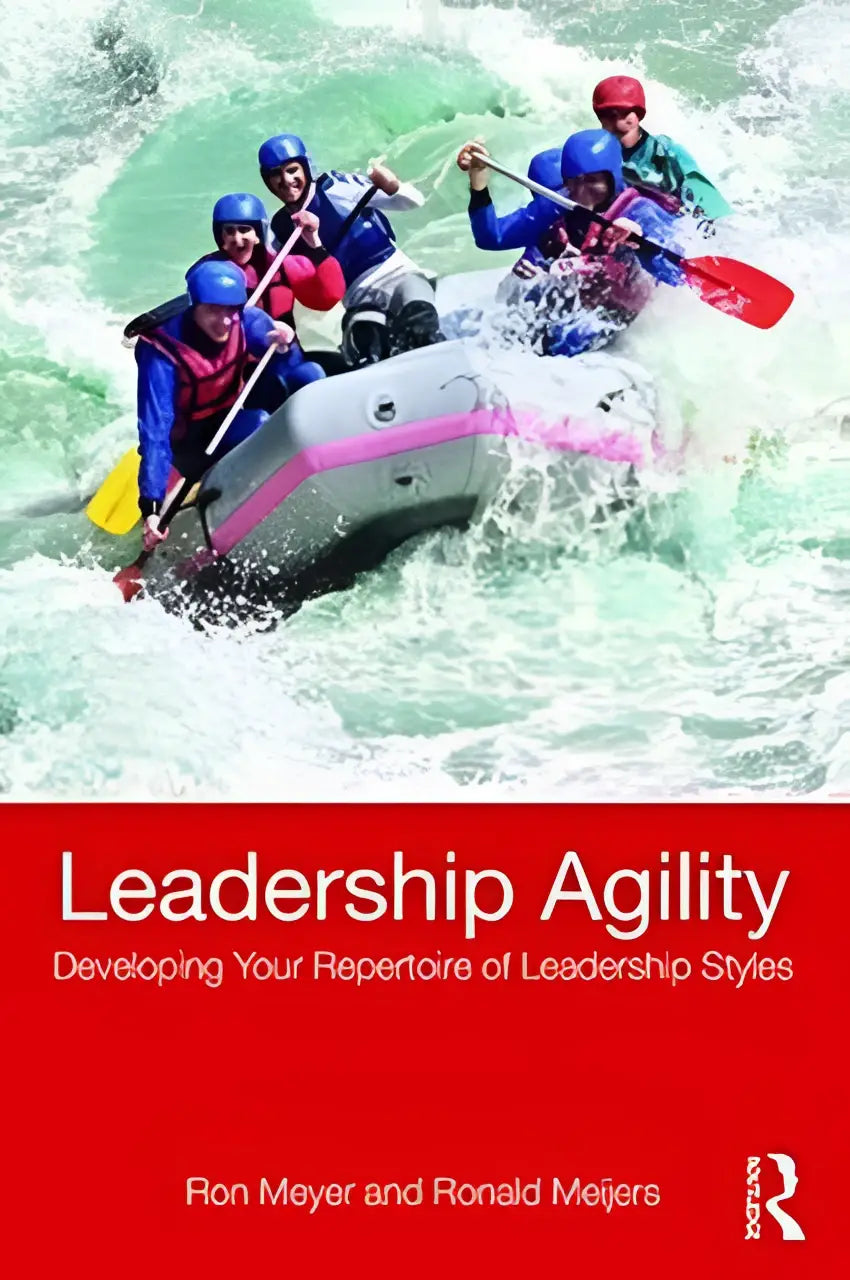 De boekomslag van leadership agility toont een rode achtergrond met de titel in witte letters voor het ontwikkelen van je repertoire