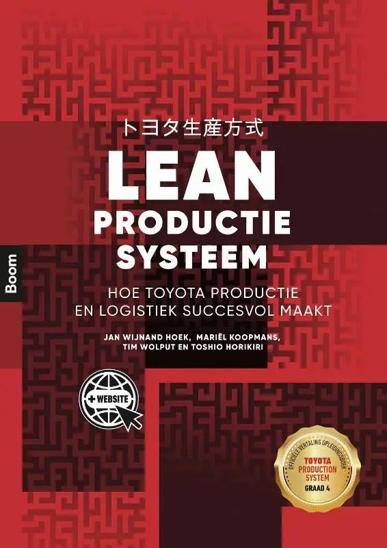 Rood boek met witte tekst lean productie systeem en japanse karakters op omslag met doolhofpatroon van jan wijnand hoek