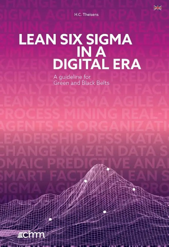 De kleurrijke boekcover van lean six sigma in a digital era toont een guideline for green met abstracte draadmodel bergen