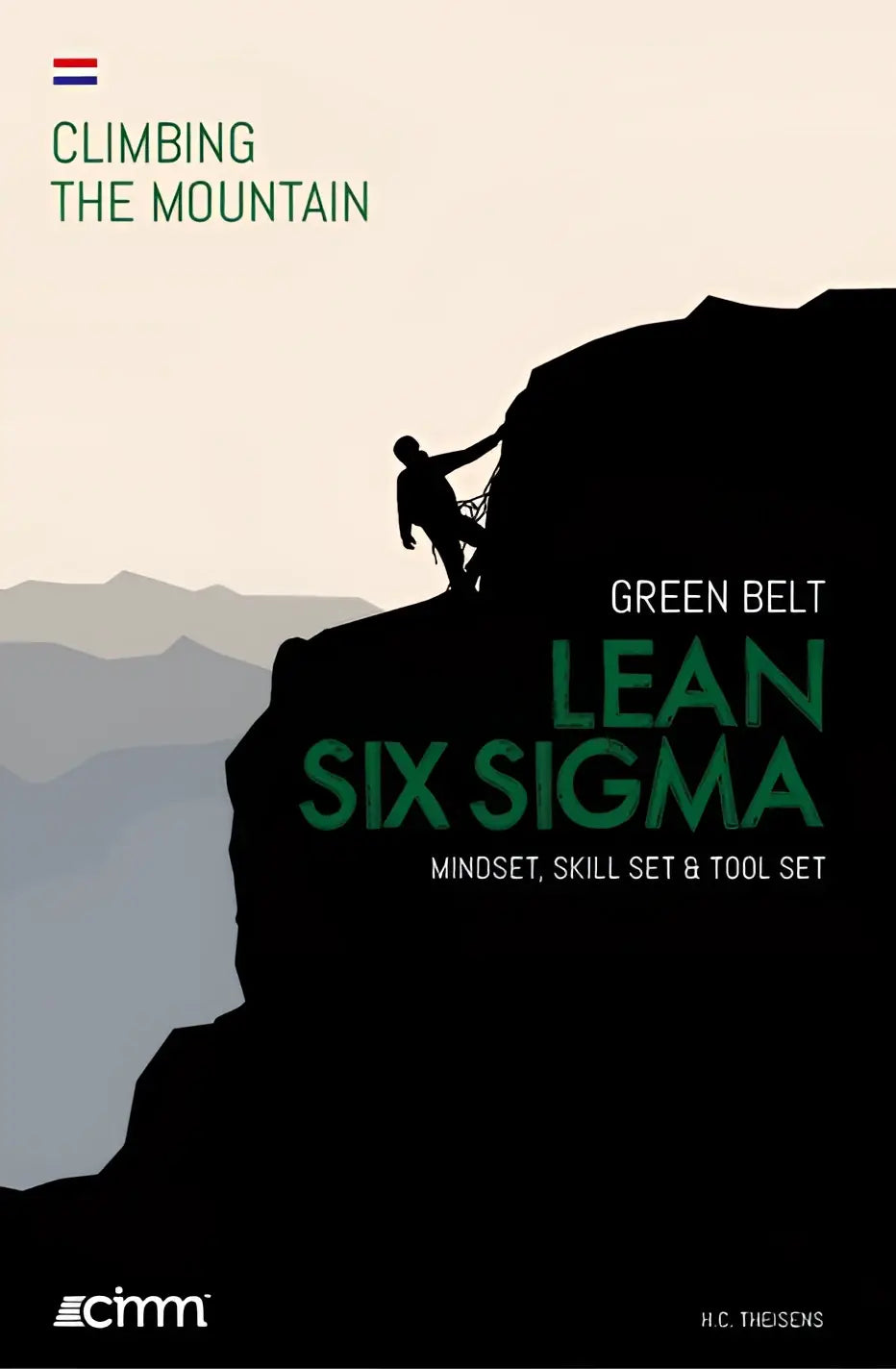 Boekomslag lean six sigma green belt training met groene tekst en minimalistische bergbeklimmer achtergrond