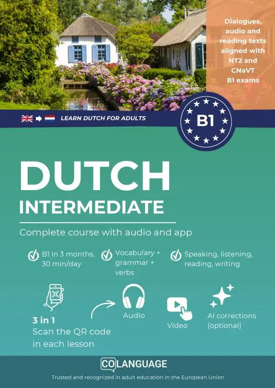 Cover van dutch b1 intermediate taalcursus met groene achtergrond en afbeelding van nederlandse plattelandswoningen