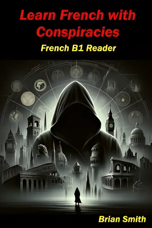 De boekcover van learn french with conspiracies toont een donkere figuur voor een cirkelvormig ontwerp met stadszichten voor de french b1 reader