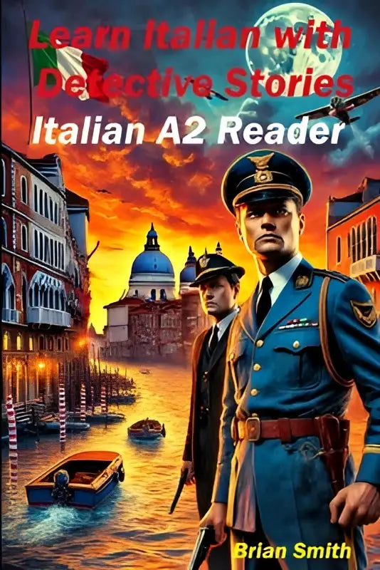 De cover van learn italian with detective stories italian a2 reader toont twee mannen in vintage militaire uniformen bij een kanaal