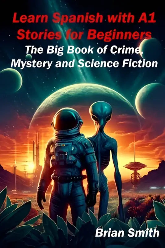 De boekomslag van learn spanish with a1 stories for beginners toont een astronaut en een alien voor futuristische landschappen