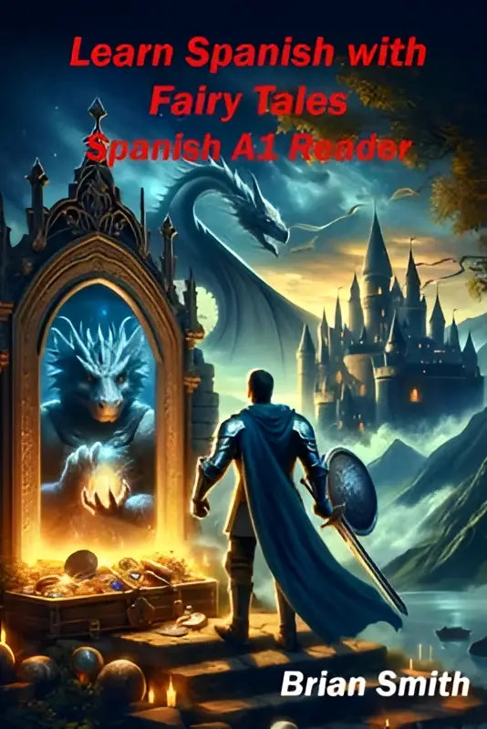 Fantasyboekcover voor learn spanish with fairy tales met ridder in blauw pantser en magische draak bij kasteel