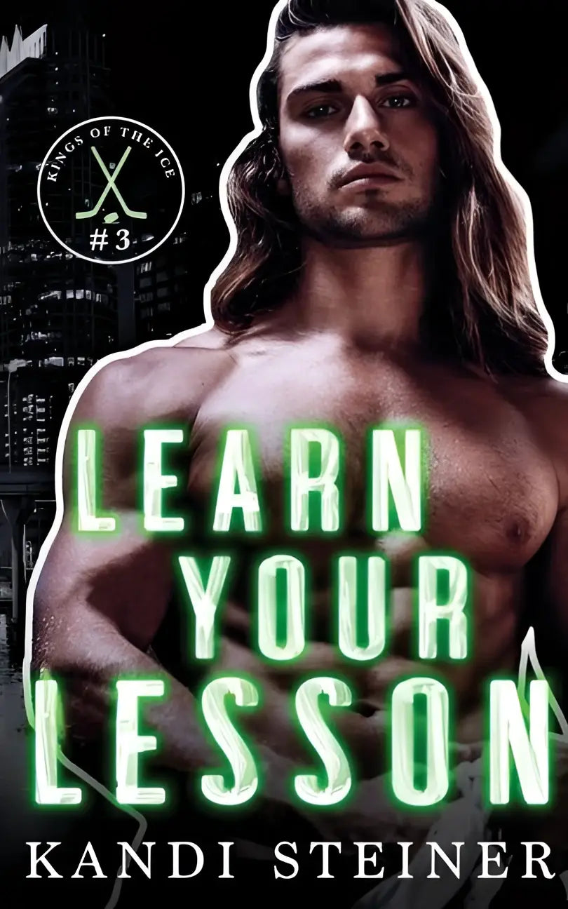 Boekcover met groene neonverlichte tekst learn your lesson en een gespierde man met lang bruin haar