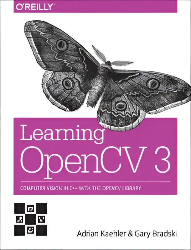 De voorkant van het boek learning opencv 3 toont een zwart-wit illustratie van een uil op een magenta achtergrond voor computer vision door adrian kaehler
