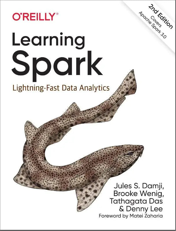 De cover van het leerboek learning spark 2e editie toont een gedetailleerde tekening van een gevlekte haai in bruin en grijs