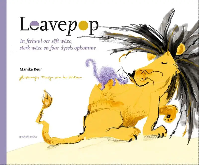 Leavepop product featuring a yellow lion with black mane and purple cat on its back in watercolor style illustration