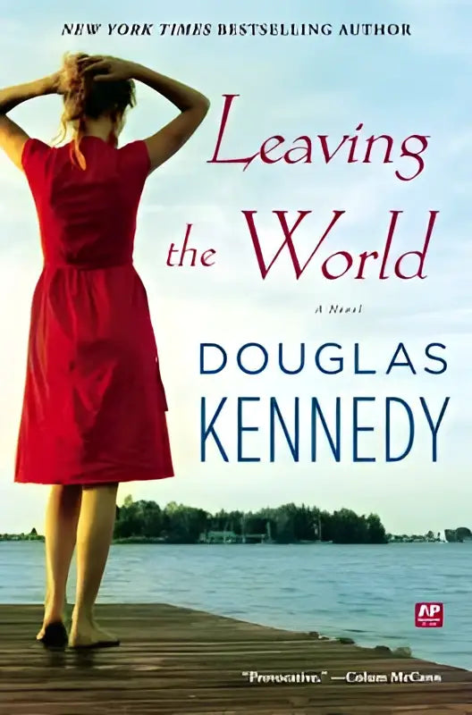 A woman in a red dress stands on a wooden dock with hands raised in leaving the world a novel back cover