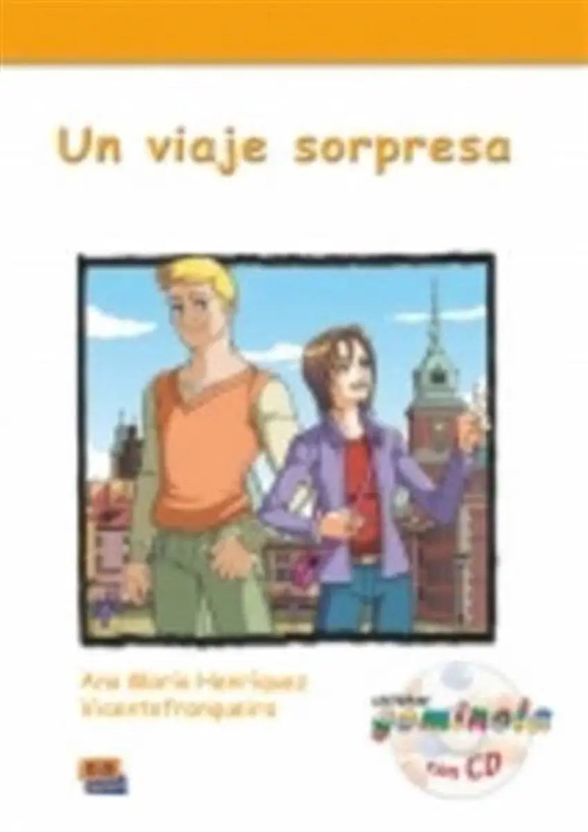 De voorkant van leesboek un viaje sorpresa toont twee personages voor stadsgebouwen met focus op sus padres