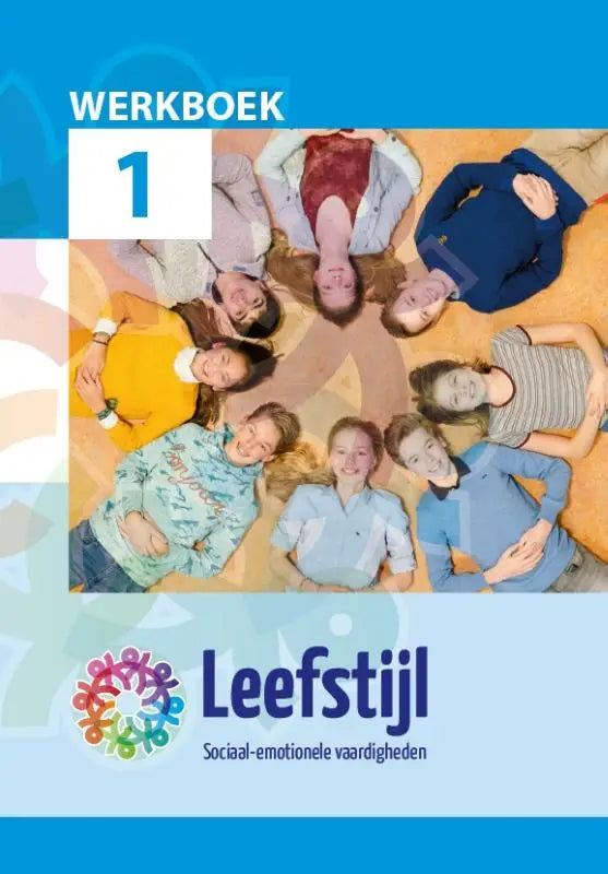 Blauw werkboek werkboek 1 van leefstijl met een lachende groep kinderen in een cirkel op de voorkant voor educatief gebruik