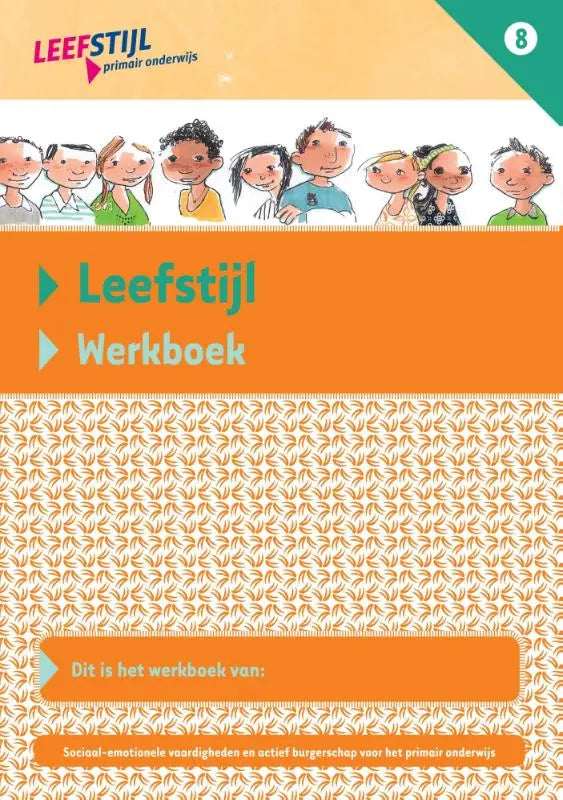Oranje leefstijl werkboek met textuur en illustraties van kinderen bovenaan set van 5 exemplaren