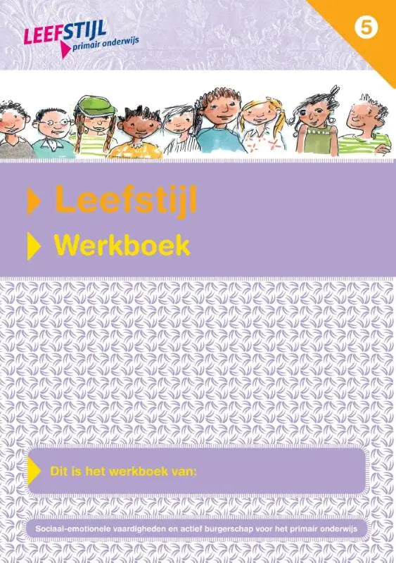 Paars werkboek leefstijl set van 5ex met gebreid patroon en kleurrijke cartoonillustraties van kinderen bovenaan