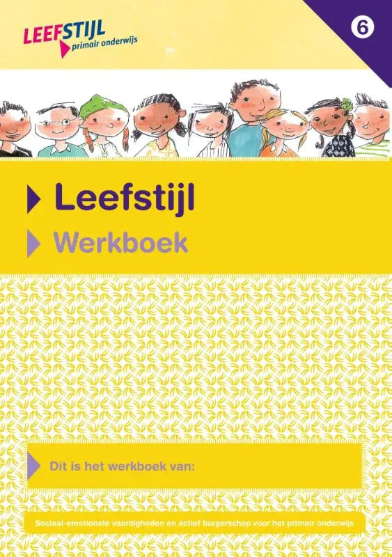 Gele workbook cover van leefstijl set van 5ex met patroon en cartoonillustraties van kinderen bovenaan