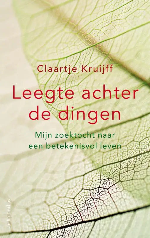 Boekcover van leegte achter de dingen met een doorschijnend groen blad en intrigerende aderen voor betekenisvol leven