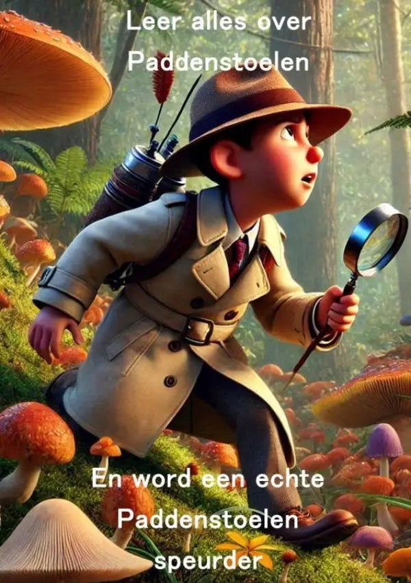 Een jonge jongen in een beige trenchcoat en bruine hoed met een vergrootglas tussen oranje en paarse paddenstoelen leer alles over echte paddenstoel speurder