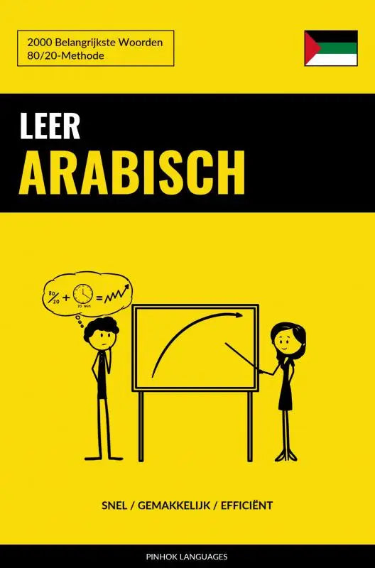 Gele boekcover van leer arabisch met cartoonstickfiguren en palestijnse vlag bevat 2000 belangrijkste woorden