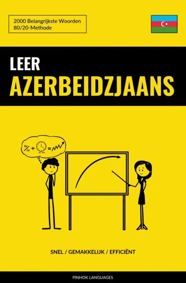 Gele boekomslag met zwarte tekst en illustraties van leer azerbeidzjaans met belangrijkste woorden in een zwarte banner