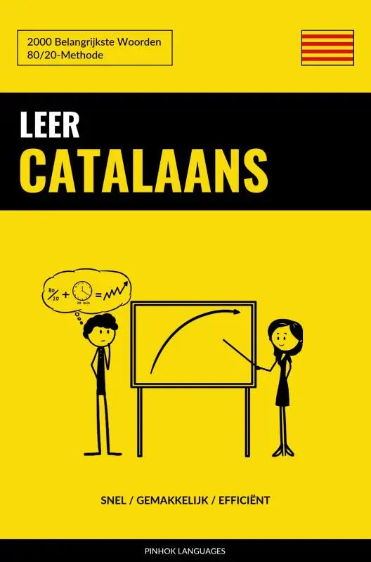 Gele en zwarte boekcover leer catalaans met cartoon van twee mensen die belangrijkste woorden leren voor efficiënt leren