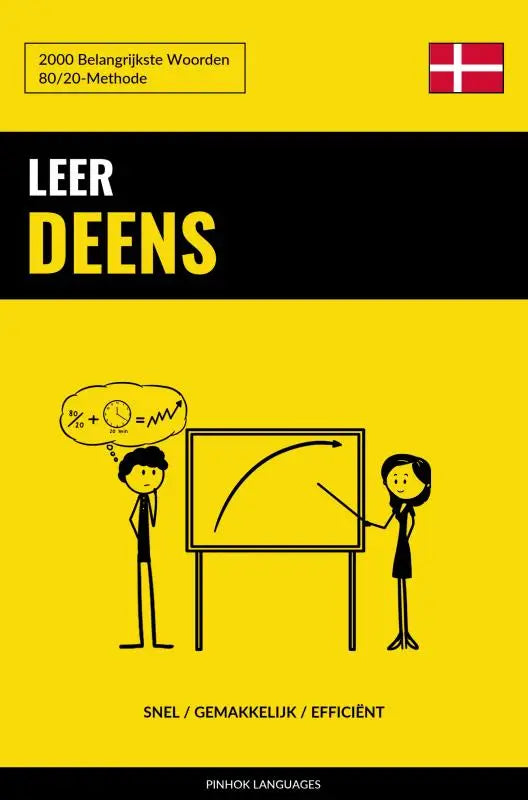 Gele en zwarte leer deens taalboek met cartoonillustraties en de 2000 belangrijkste woorden voor snel leren