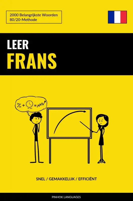 Gele en zwarte leesfrans boekcover met cartoonillustraties van mensen die de belangrijkste woorden leren in leer frans
