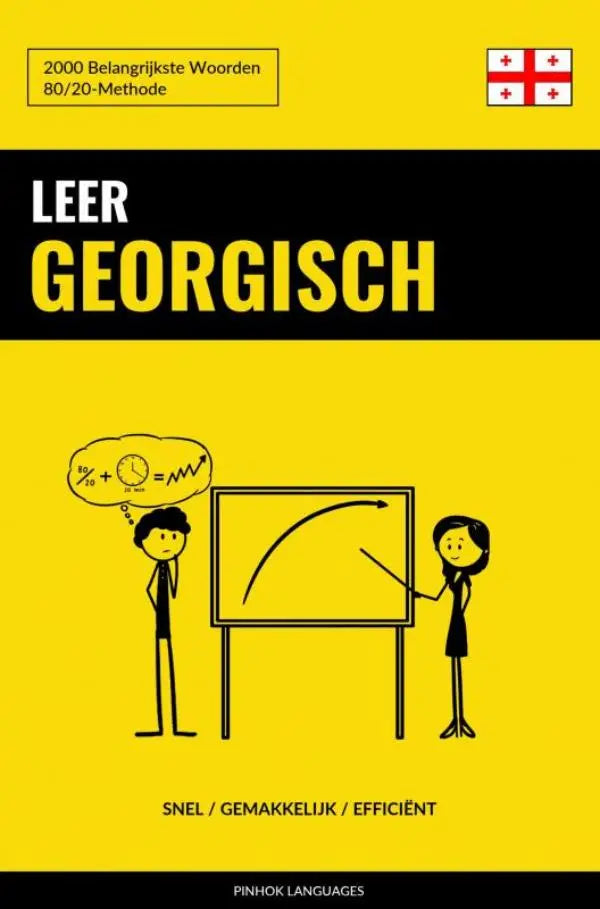 Gele boekomslag met zwarte tekst en cartoon van twee personen die leer georgisch met de belangrijkste woorden