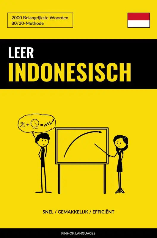 Gele boekcover van leer indonesisch met zwarte tekst en cartoon van twee mensen die belangrijkste woorden leren