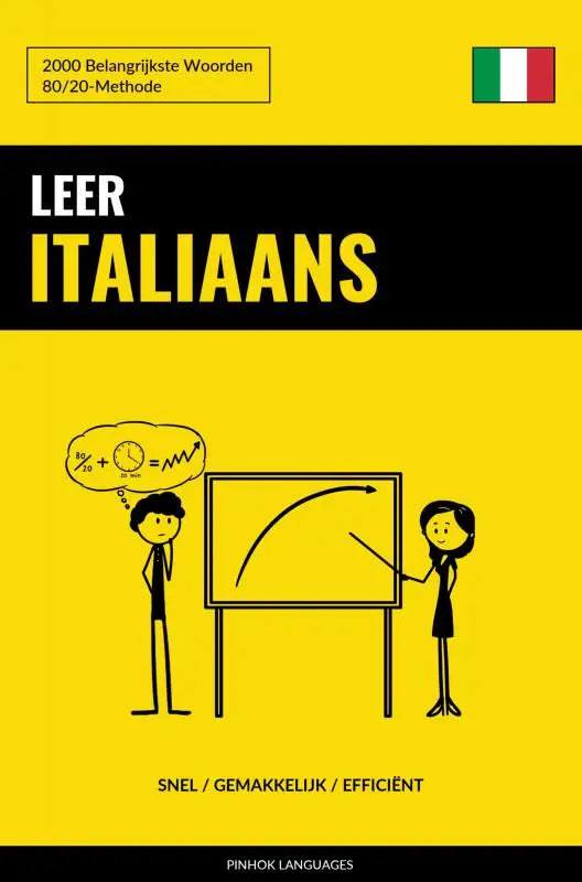 Bright yellow book cover leer italiaans with cartoon figures teaching italian and 2000 belangrijkste woorden