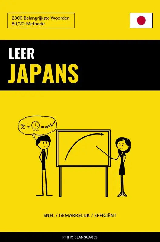 Felgeel boekcover van leer japans met belangrijkste woorden en minimalistische illustratie van leerlingen bij whiteboard