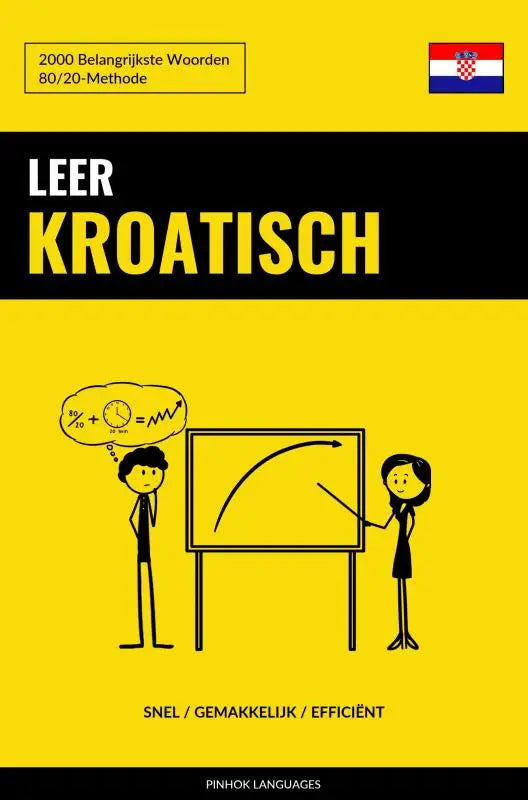 Gele boekomslag leer kroatisch met zwarte tekst en cartoon van twee personen en de belangrijkste woorden