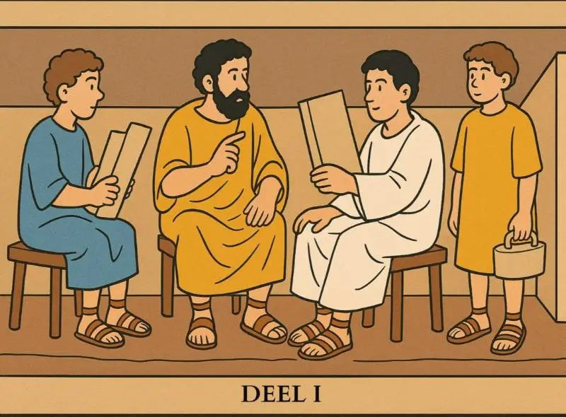 Cartoonillustratie van vier mannen in oude gewaden met een zittende man in een gele mantel die scrollen vasthoudt voor leer latijn