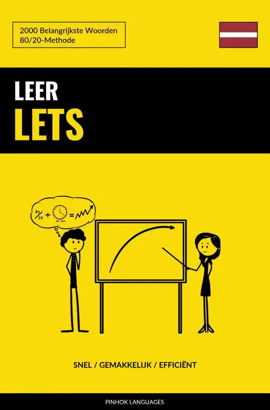 Gele en zwarte cover van leer lets taalleerboek met 2000 belangrijkste woorden van pinhok languages