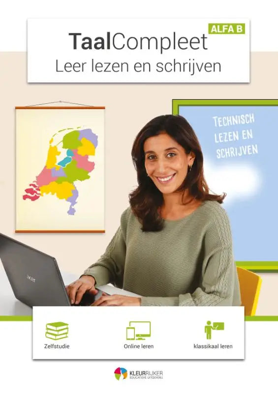 Cover van het taalcompleet alfa b leer lezen en schrijven alfa boek met een vrouw in een olijfgroene trui achter een laptop