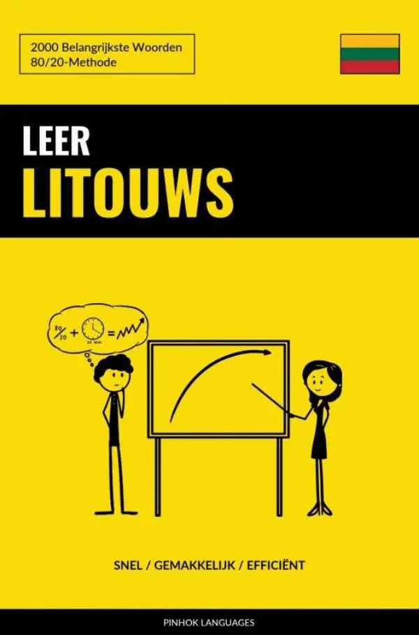 Felgeel boek leer litouws met belangrijkste woorden en minimalistische tekening van lesgeven bij een whiteboard