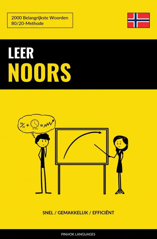 Gele en zwarte boekomslag van leer noors met cartoon van twee stickfiguren en belangrijkste woorden op whiteboard