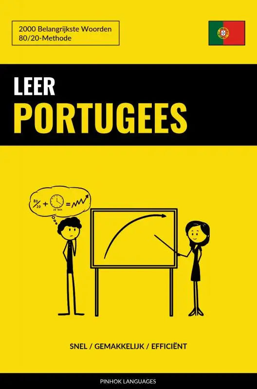 Helder geel leer portugees boek met belangrijkste woorden en illustratie van twee figuren bij een schoolbord
