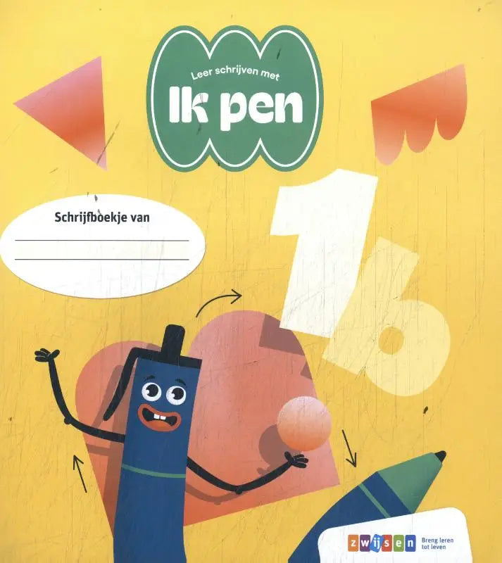 Blauwe cartoon pen met glimlachende gezicht en armen op de cover van leer schrijven met ik pen schrijfwerkboek