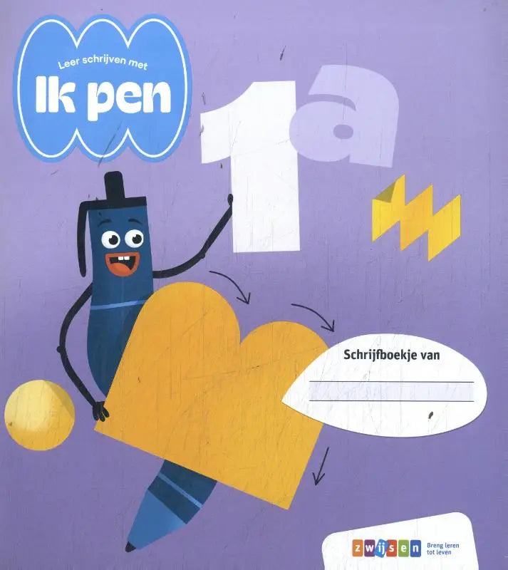 Blauwe cartoonpen met glimlachende gezicht en zwarte armen houdt geel hartvormig schrijfblok voor leer schrijven