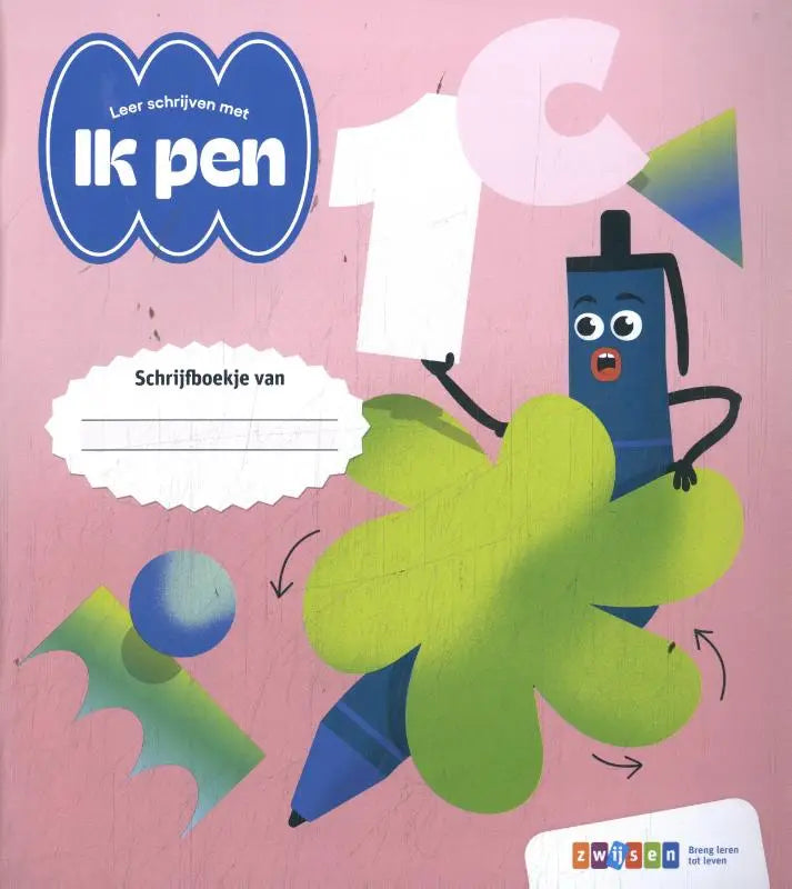 Blauwe cartoonpen met expressieve ogen en armen die een witte letter c vasthoudt voor het leren schrijven met ik pen