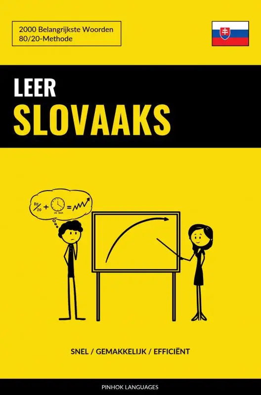 Gele boekomslag leer slovaaks met zwarte tekst en cartoonillustratie van twee mensen die de belangrijkste woorden leren